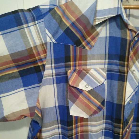 Vintage Rustler By Wrangler Shirt Pearl Snap Plaid Short Sleeves Blue XXL - Picture 2 of 5